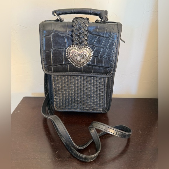 Vintage Croc Woven Weave Shoulder Handbag Hearts Black Hard leather multi packet - Picture 1 of 13